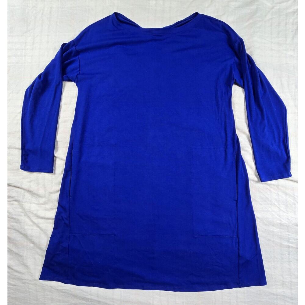 Eileen Fisher Bateau Neck Twist Back Shift Dress Viscose Jersey Indigo Blue L